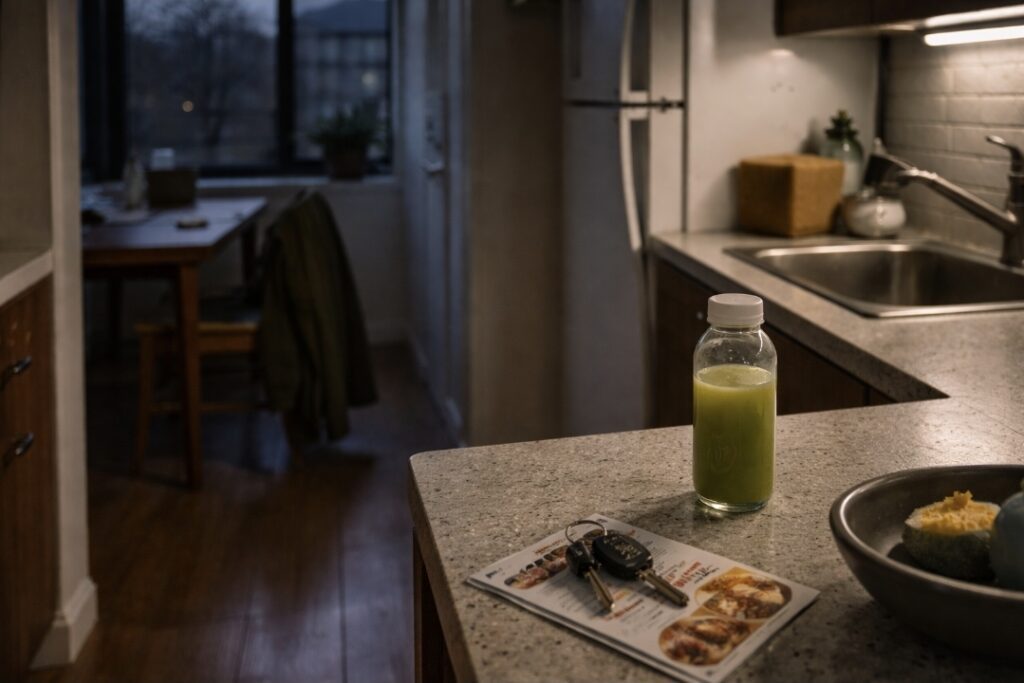 Bottle of pale juice on a kitchen counter at dusk during a difficult evening of a juice cleanse