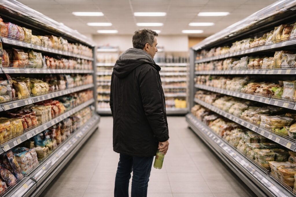 Man holding a green juice in a supermarket aisle deciding whether to end a juice cleanse