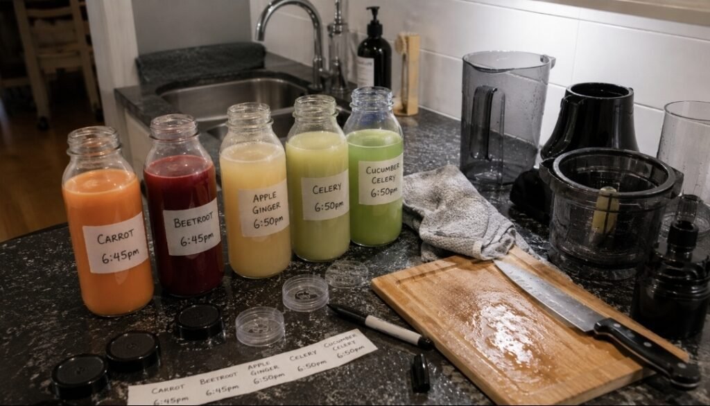 Labelled juice bottles on a kitchen counter after batch juicing for a juice fast
