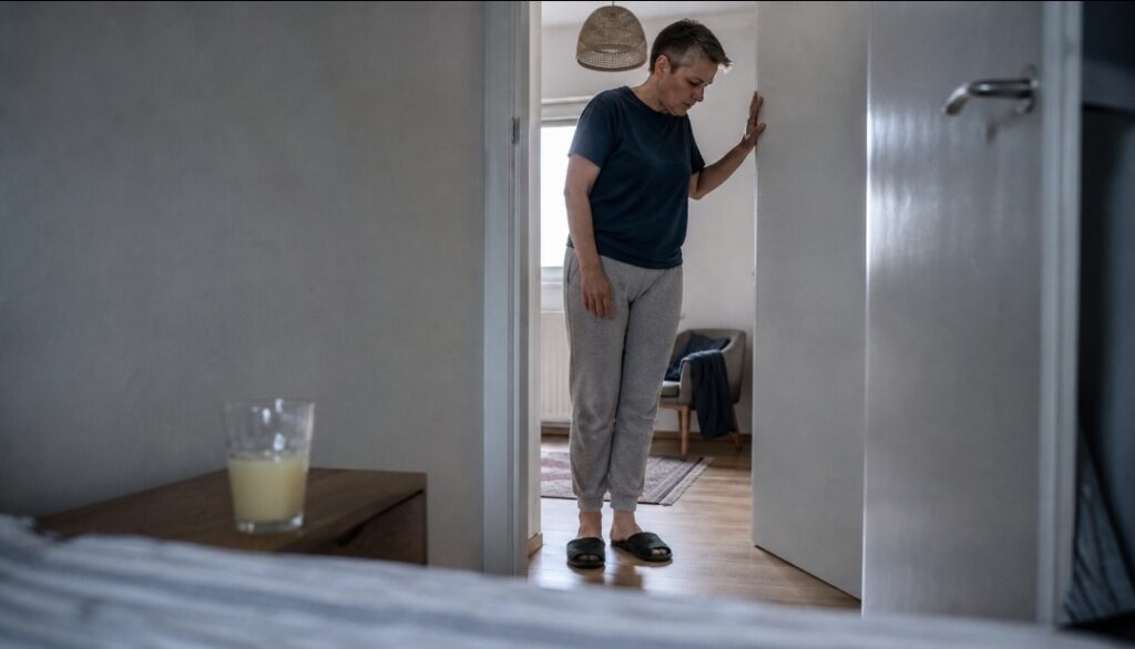 Man pausing in a doorway feeling dizzy on a juice fast