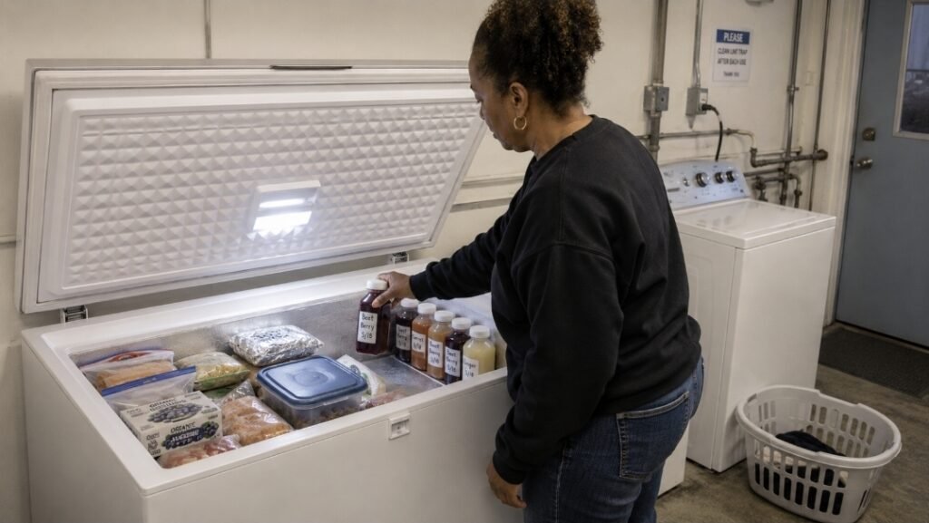 Woman placing labelled fresh juice bottles into a chest freezer during juice fast prep