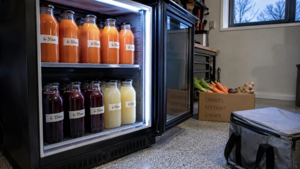 Glass bottles of fresh carrot, beetroot and ginger juice stored in an open garage drinks fridge with handwritten time labels.