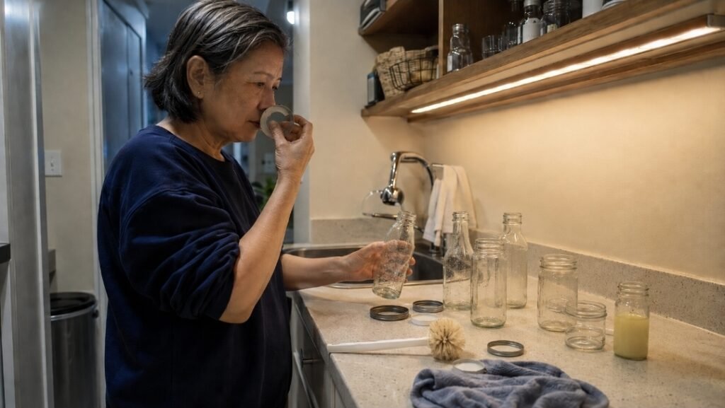 Person checking the lid seal of a clean juice bottle beside washed bottles and jars