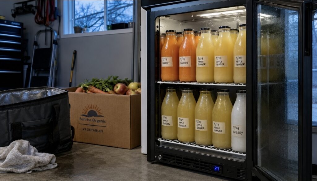 Sealed glass bottles of fresh carrot, apple ginger, and celery juice with handwritten labels stored on a small fridge shelf beside produce and a cooler bag.