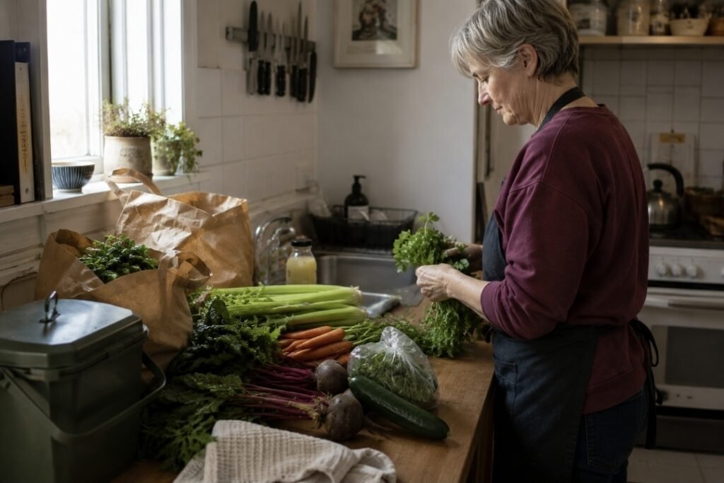 Woman sorting celery, herbs, carrots and beetroot on a kitchen counter before juicing.