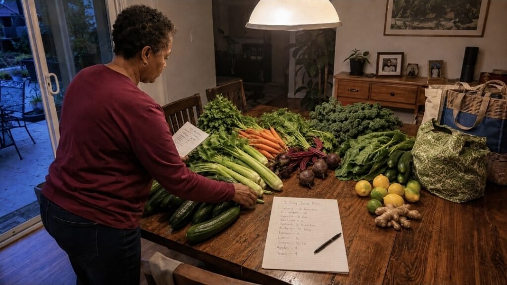How Much Produce Do You Need for a 3-Day Juice Fast? Woman sorting celery, cucumbers, carrots, beetroot, greens, citrus and ginger into produce piles for a 3-day juice fast