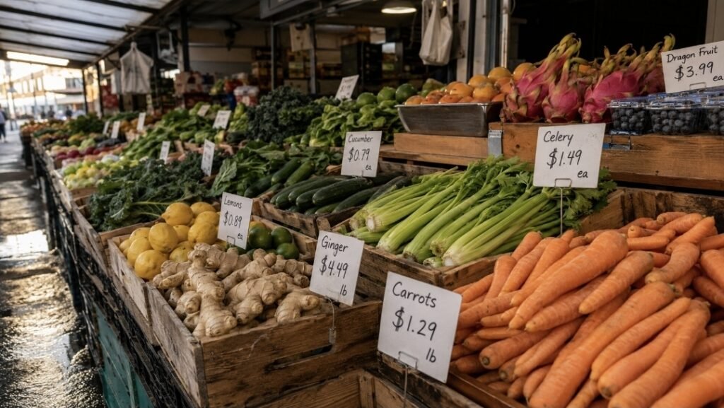 Budget Juice Fasting: Spend Less Without Switching to Sugary Juice Market stall with budget juicing produce including carrots, celery, cucumber, greens, ginger and lemons