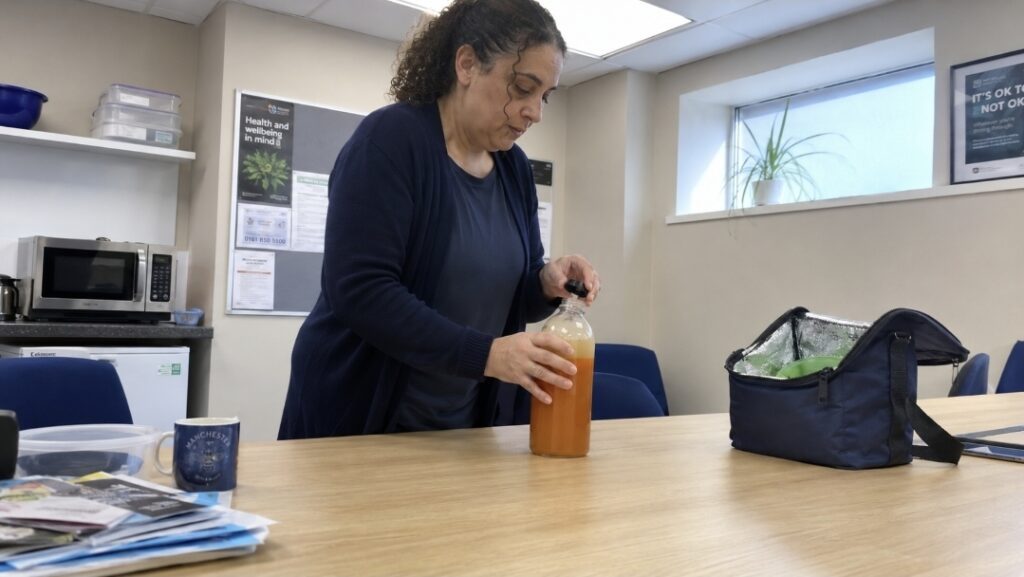 Woman checking a bottle of fresh juice with a brown top layer and visible separation