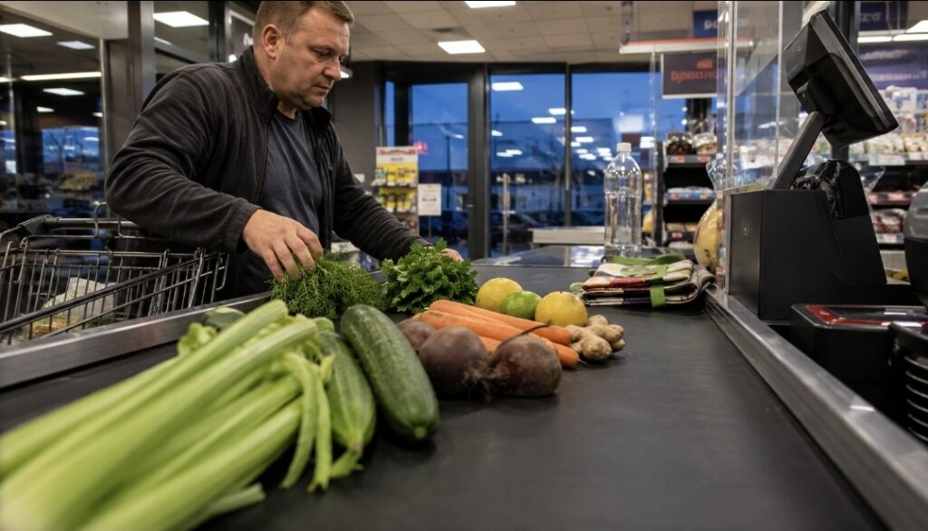 Juice Fast Shopping List: What to Buy Before You Start Man unloading celery, cucumber, beetroot, carrots, lemons, limes, ginger and herbs at a supermarket checkout for a juice fast shop