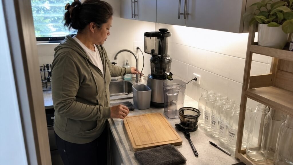 Woman setting up a juicer beside the sink with empty bottles, pulp bin, cutting board and brush ready for juice fasting