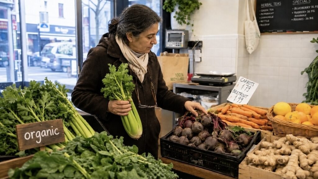 Organic vs Non-Organic Produce for Juicing: What Matters Most? Woman choosing organic celery beside non-organic carrots, beetroot, ginger and citrus for juicing