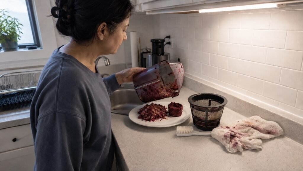 Why Your Juicer Leaves Wet Pulp Woman tipping wet juicing pulp onto a plate beside a sink with a mesh screen, brush and beet-stained towel nearby