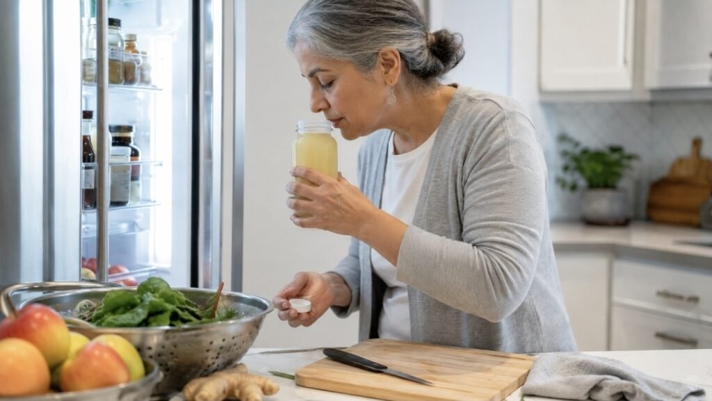 Fresh Juice Safety: What Raw Juice Means and Who Needs to Be More Careful Woman smelling a capped bottle of fresh juice beside an open refrigerator and washed produce