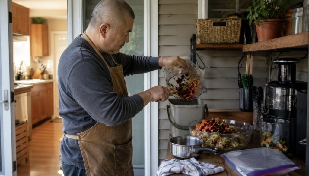 Man sorting mixed juicing pulp between a compost caddy and bowl after using a juicer