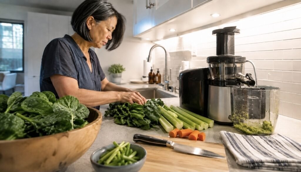 Woman bundling leafy greens beside celery, carrots and a juicer to get more juice from greens