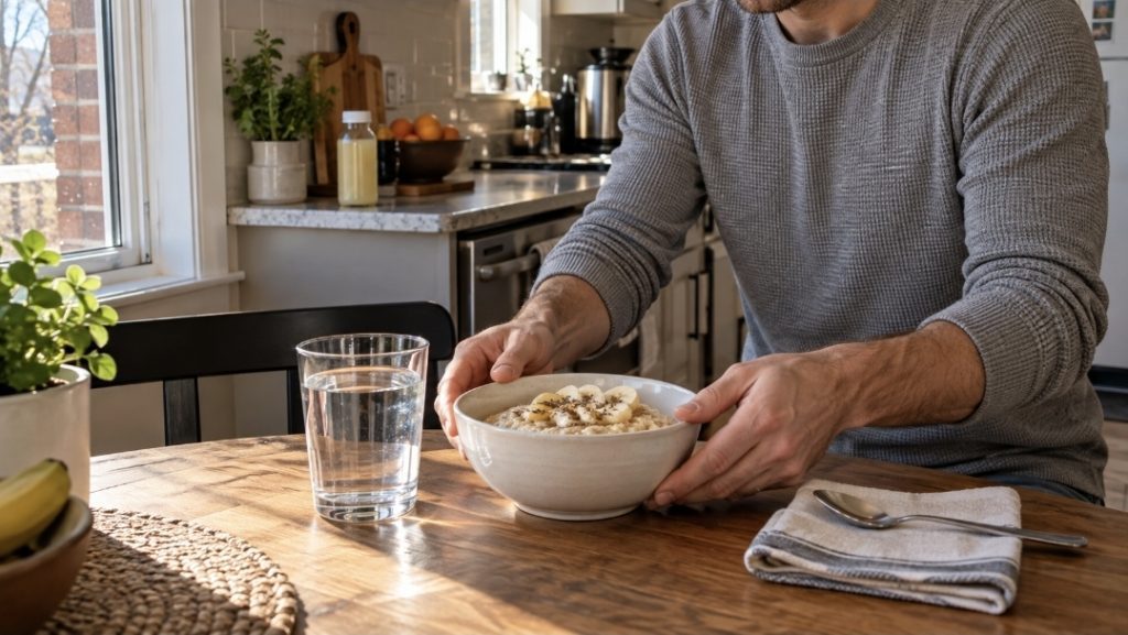 What Actually Happens in the Week After a Juice Cleanse Man sitting down to a small bowl of oatmeal and water a few days after a juice cleanse