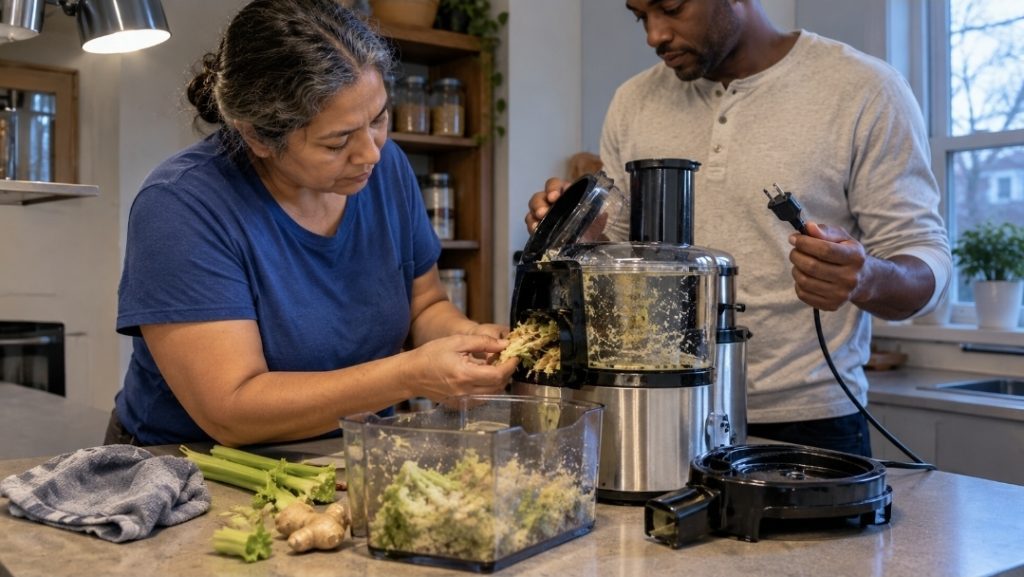 Why Does My Juicer Keep Clogging? Common Causes and How to Fix Them Juicer jammed with vegetable pulp backing up near the outlet on a kitchen counter