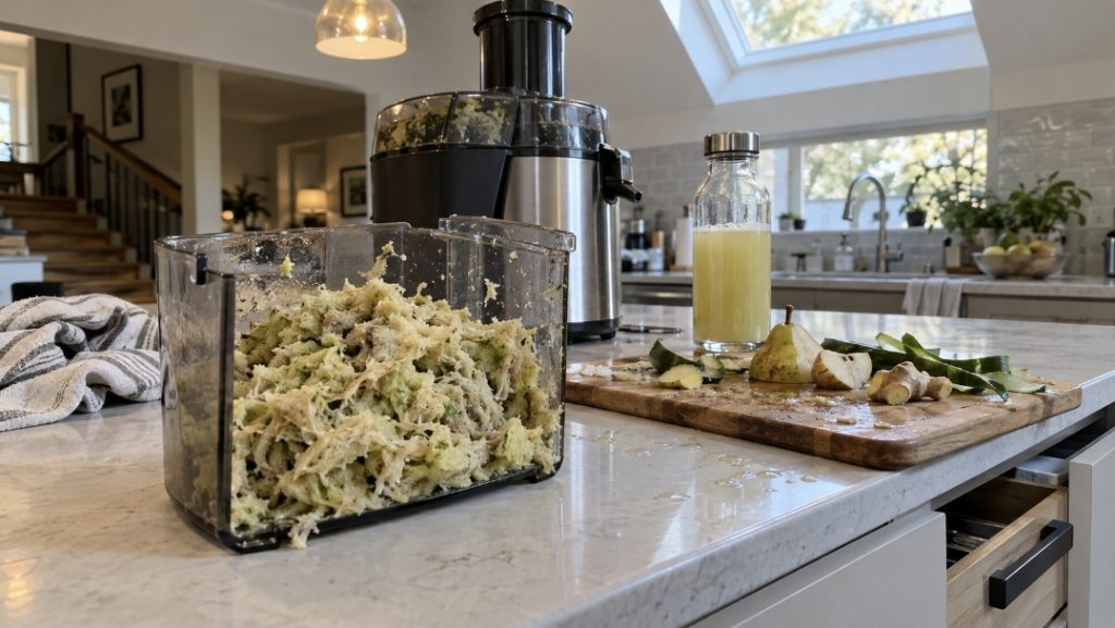 Juicing and Digestion: Fiber, Bloating, Constipation, and Stomach Tolerance Juicing pulp separated from fresh juice beside a juicer on a kitchen island
