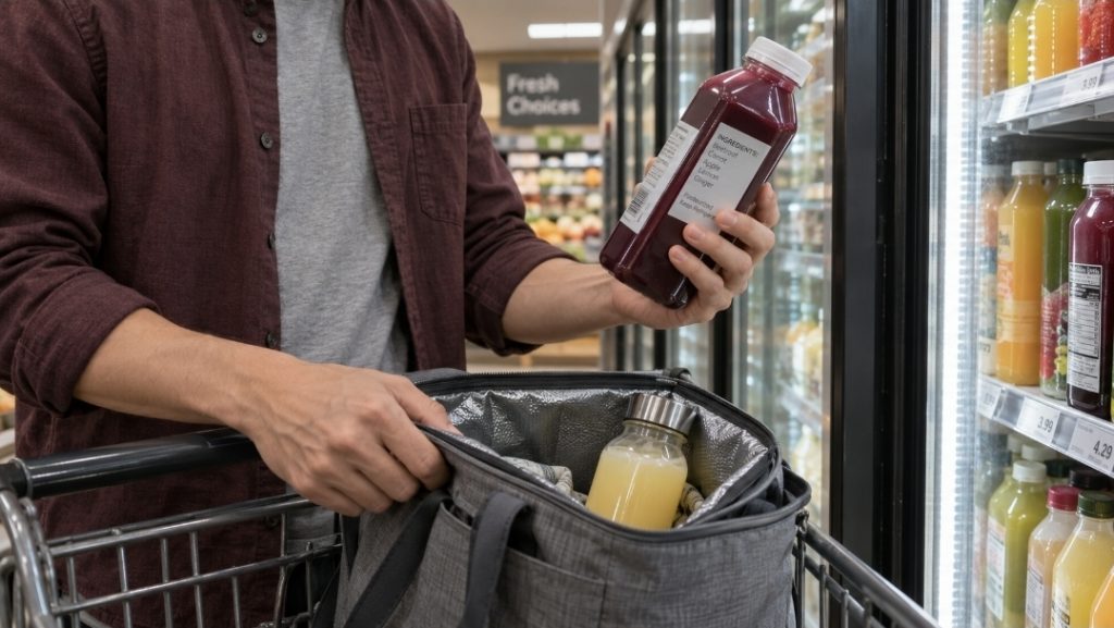 Pasteurized Juice vs Fresh Juice for Fasting Shopper comparing pasteurized bottled juice with fresh homemade juice during a juice fast
