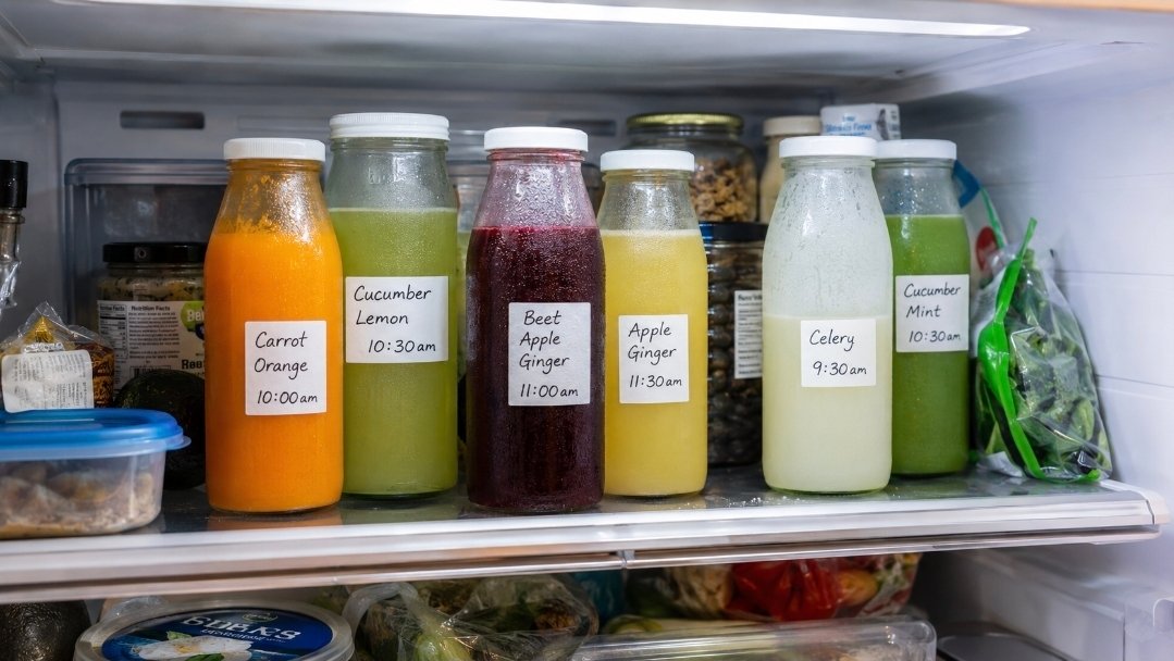 Labelled batch juice bottles stored on a fridge shelf during a juice fast