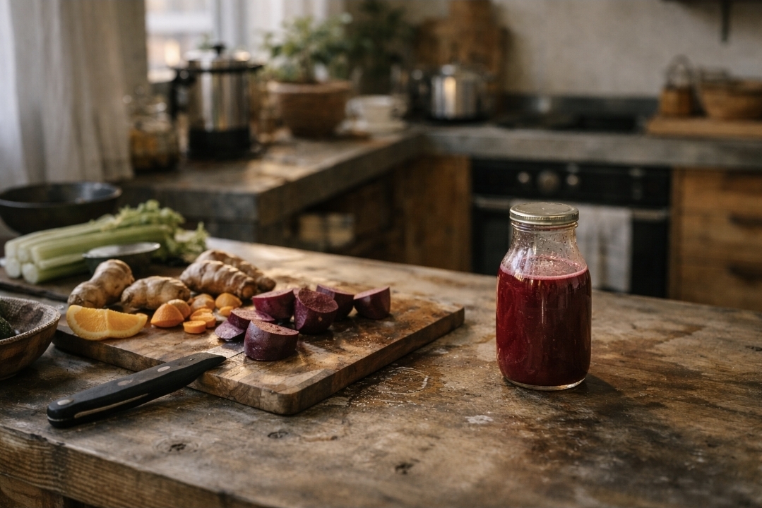 beet juice and chopped vegetables on a rustic kitchen counter during juice preparation