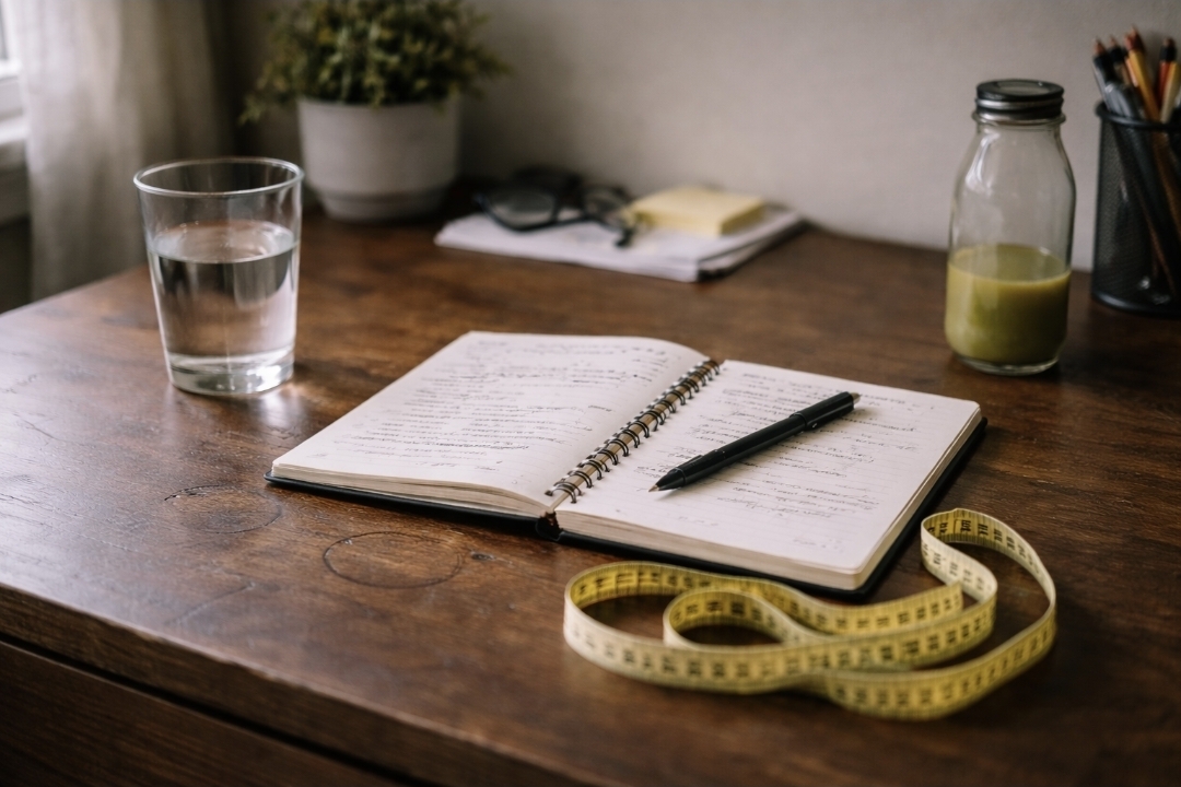 Simple tracking tools during a juice fast Open notebook on a wooden desk with a pen, measuring tape, glass of water, and a small bottle of green juice nearby.