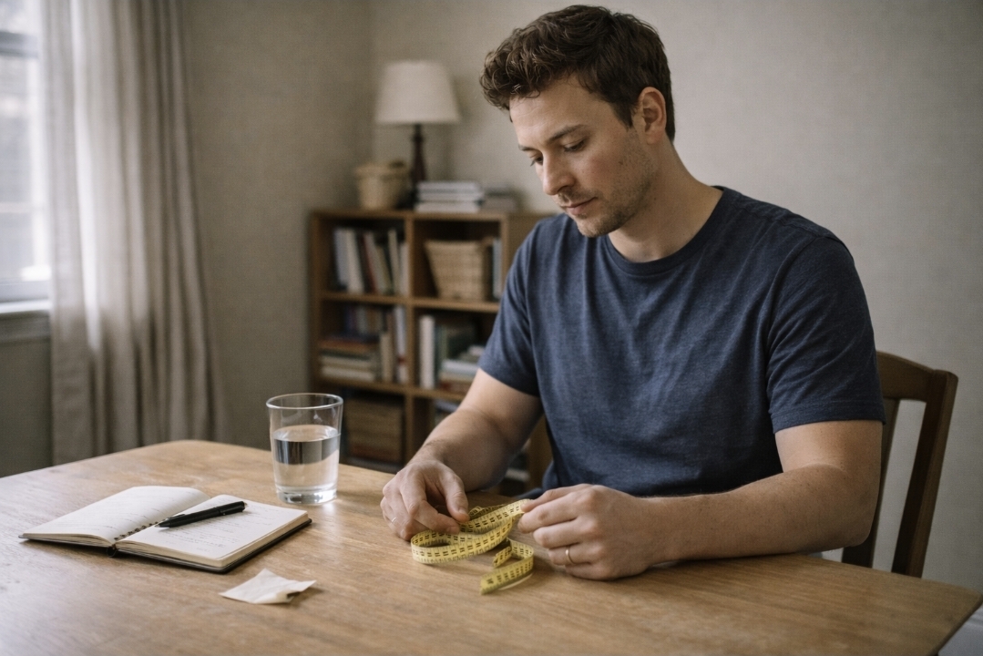 Tracking waist changes without scale obsession Man seated at a wooden table holding a measuring tape beside a notebook and a glass of water.