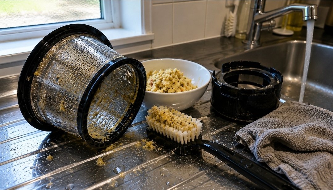 Blocked Juicer Screen Blocked juicer screen on a kitchen draining board with wet pulp, brush, rinse water and towel after juicing