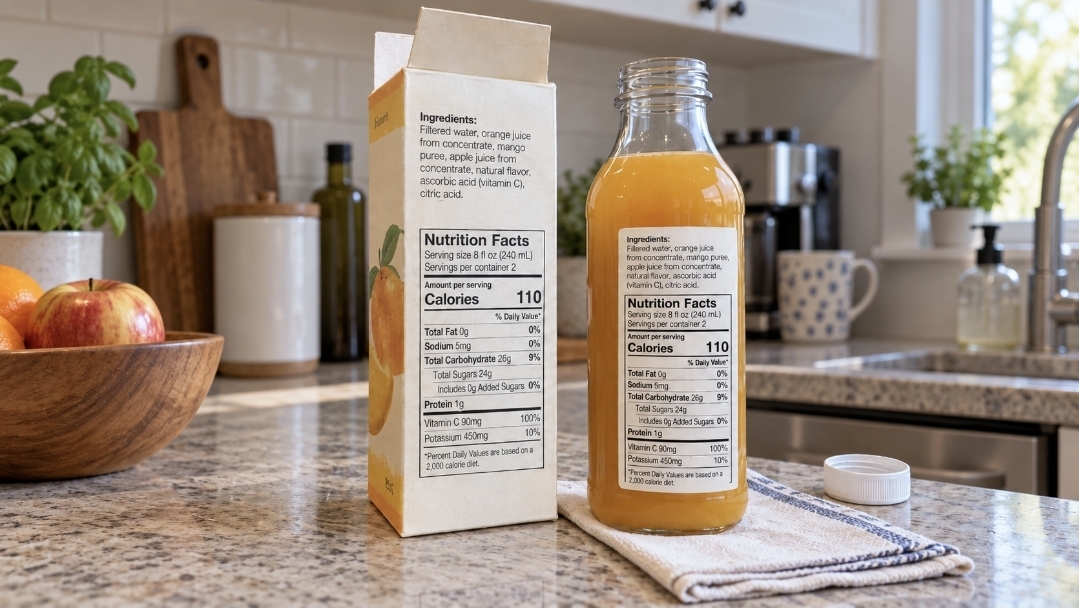 Checking a Bottled Juice Label Bottled orange juice and carton showing ingredient and nutrition labels