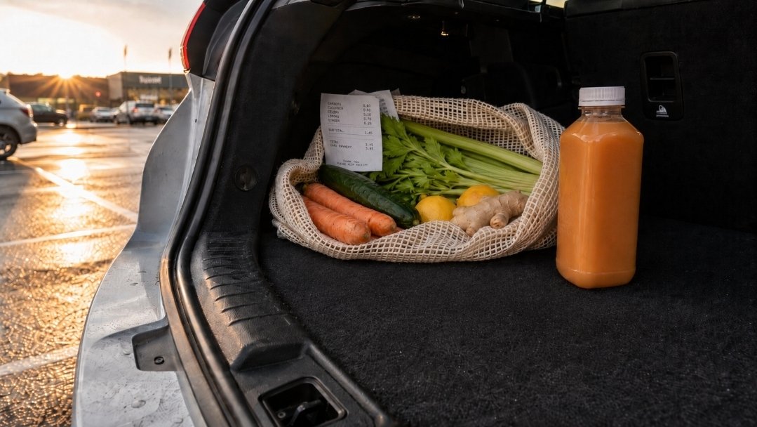 Produce bag, receipt and cold pressed juice bottle in a car boot showing juice fast cost comparison