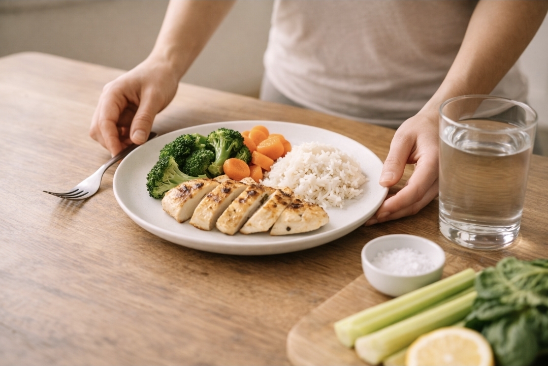 Simple refeed plate with lean protein, vegetables, rice, and water with salt nearby