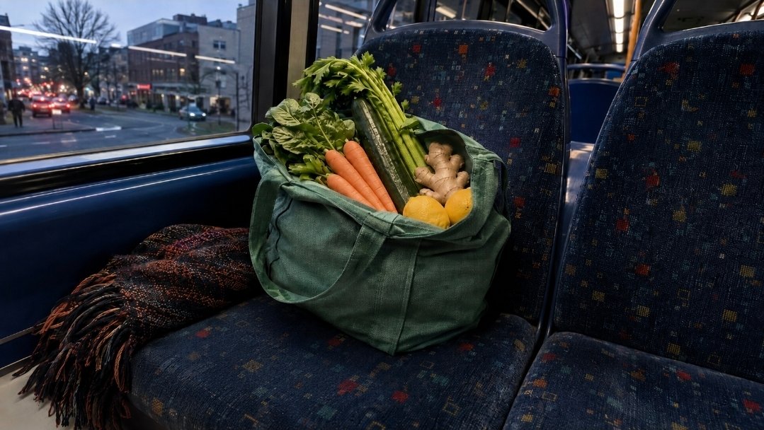 Budget Juice Shop Reusable shopping bag with carrots, celery, cucumber, ginger, lemons and greens on a city bus seat