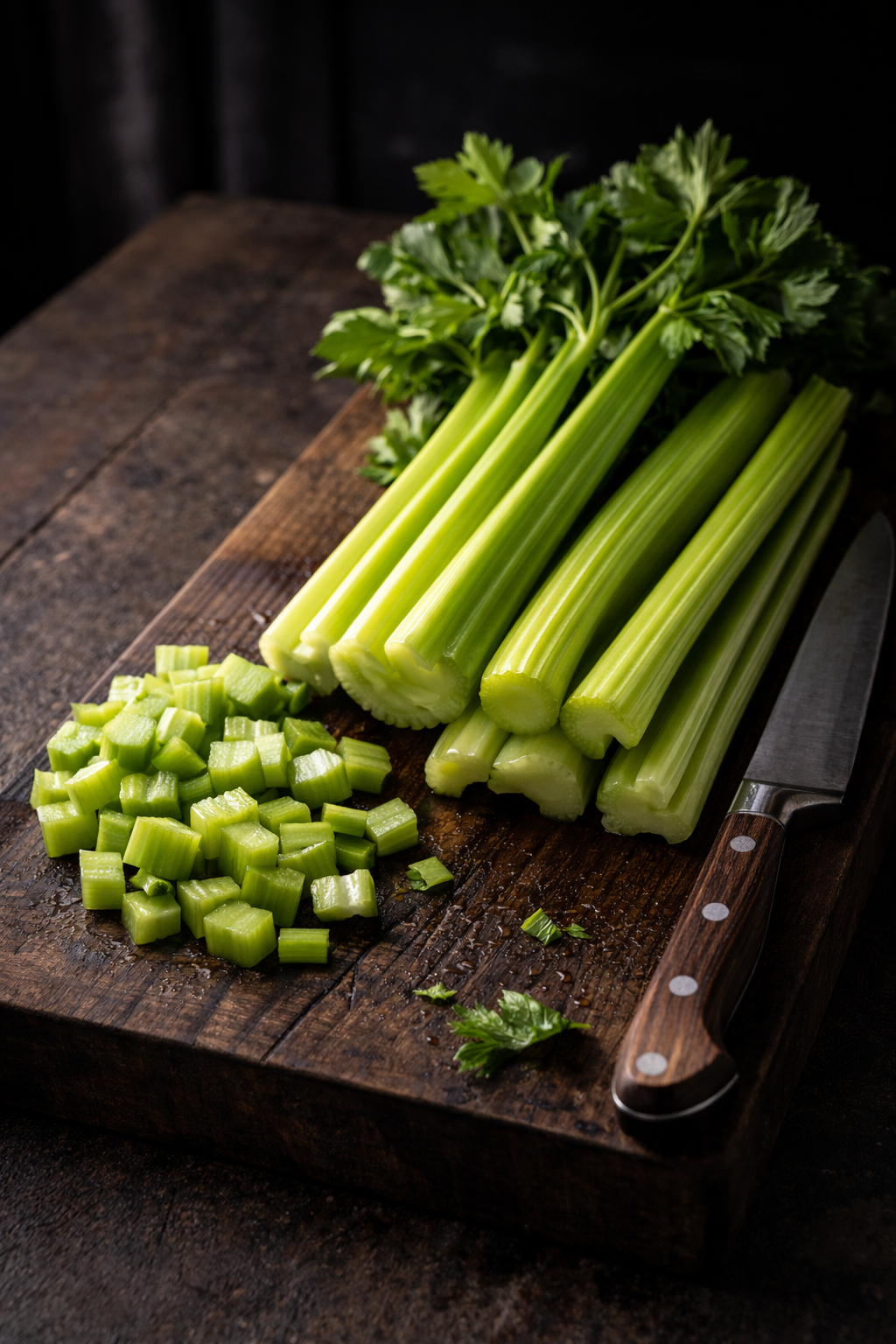 Celery juice benefits for weight loss and detox Dark, high-contrast editorial photo of a tall glass of fresh celery juice on a wooden surface