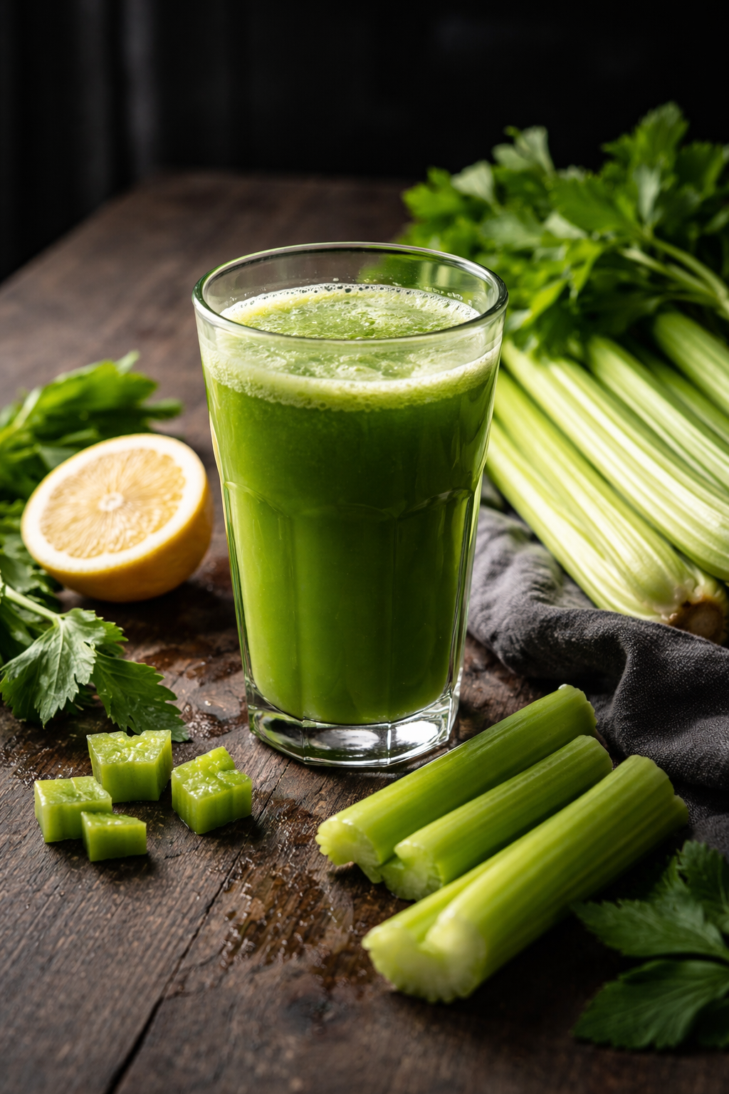 Morning celery juice routine Moody lifestyle photo of a woman holding a glass of celery juice in morning window light