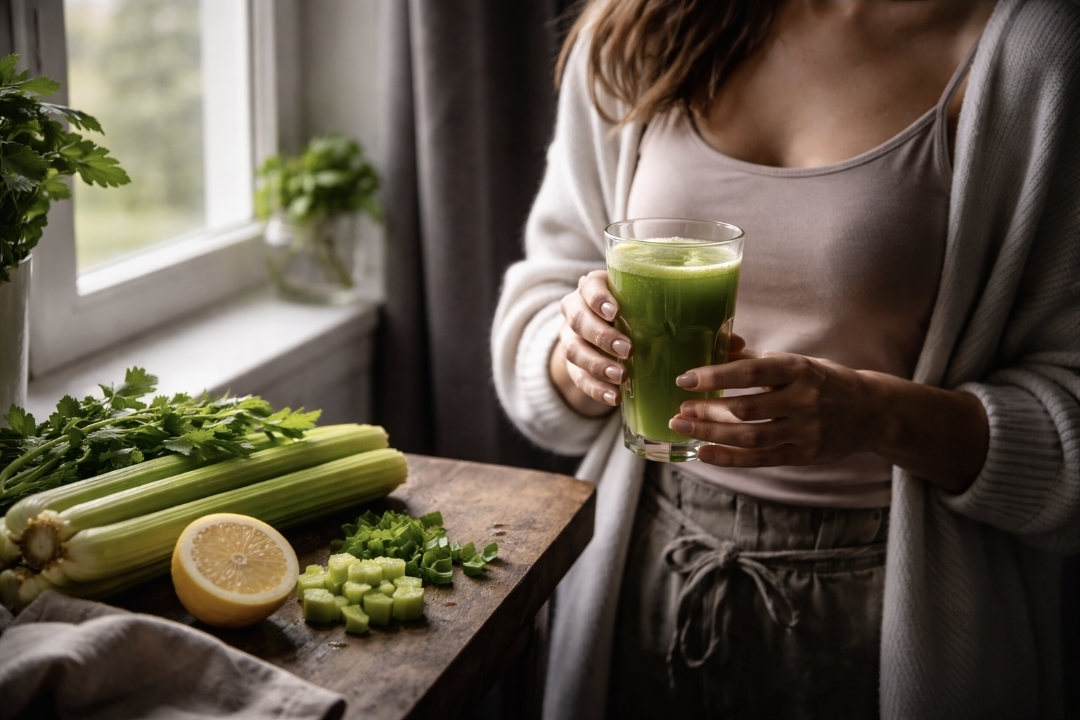 Celery juice in a glass beside a subtle fasting clock element, representing intermittent fasting timing