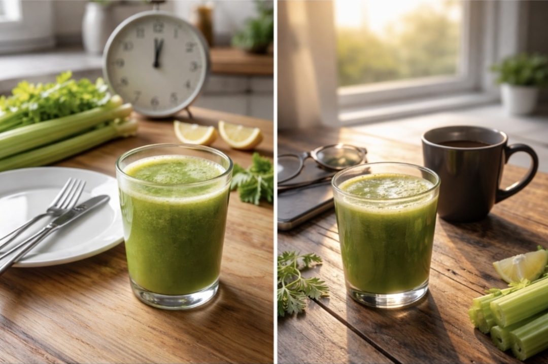 A person holding celery juice with a subtle fasting window time motif, representing intermittent fasting and clean vs dirty fasting