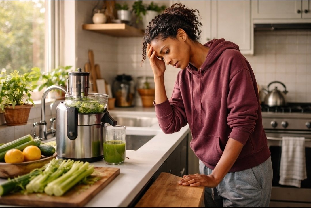 woman preparing celery juice holding forehead in discomfort