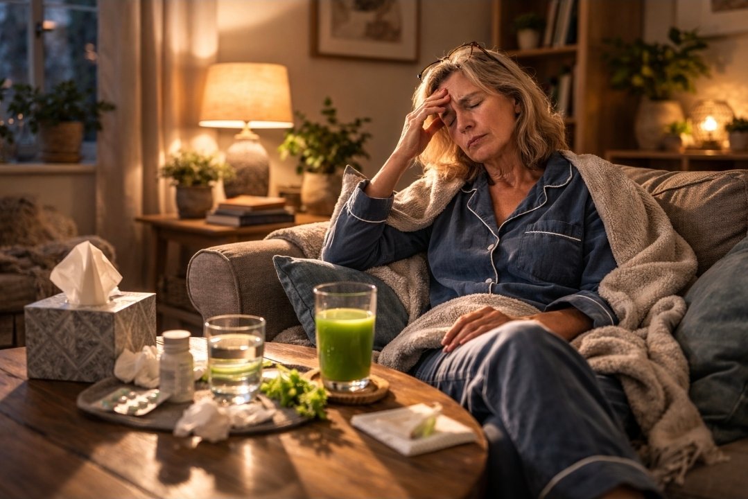 woman resting on sofa with celery juice experiencing headache