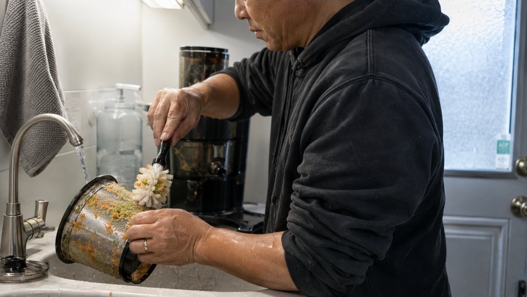 Man scrubbing pulp from a centrifugal juicer mesh screen under running water after morning juice fasting prep.