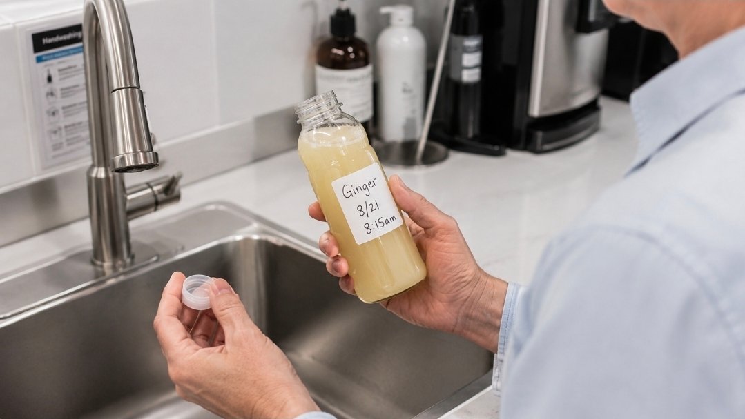 Hands opening a pale ginger juice bottle beside a workplace kitchenette sink while checking the handwritten time label before drinking.