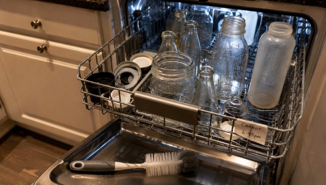 Clean juice bottles, jars, lids and bottle brush drying in an open dishwasher