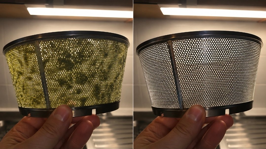 Juicer filter screen shown before and after cleaning under kitchen light