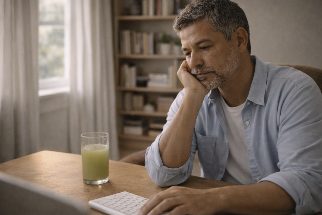 Man looking tired at a desk with a green juice during a difficult point in a cleanse day