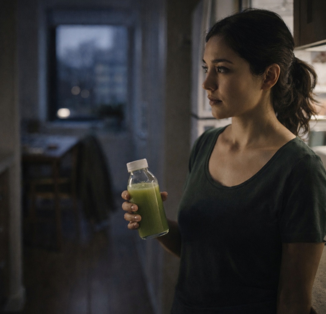 Woman holding a bottle of juice in a dim kitchen during an emotionally flat point in a juice cleanse