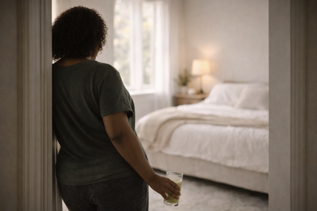 Woman standing in a doorway holding green juice during a difficult point in a juice cleanse