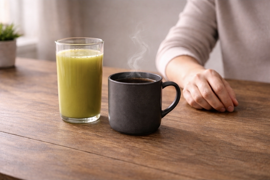Black coffee beside a glass of green juice on a wooden table, showing optional coffee during a juice fast.