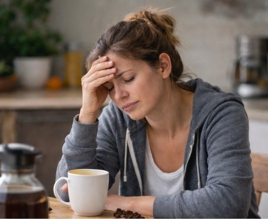 person holding head in discomfort after stopping coffee during juice fast