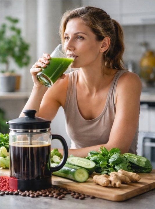 person drinking green juice in morning instead of coffee during juice fast