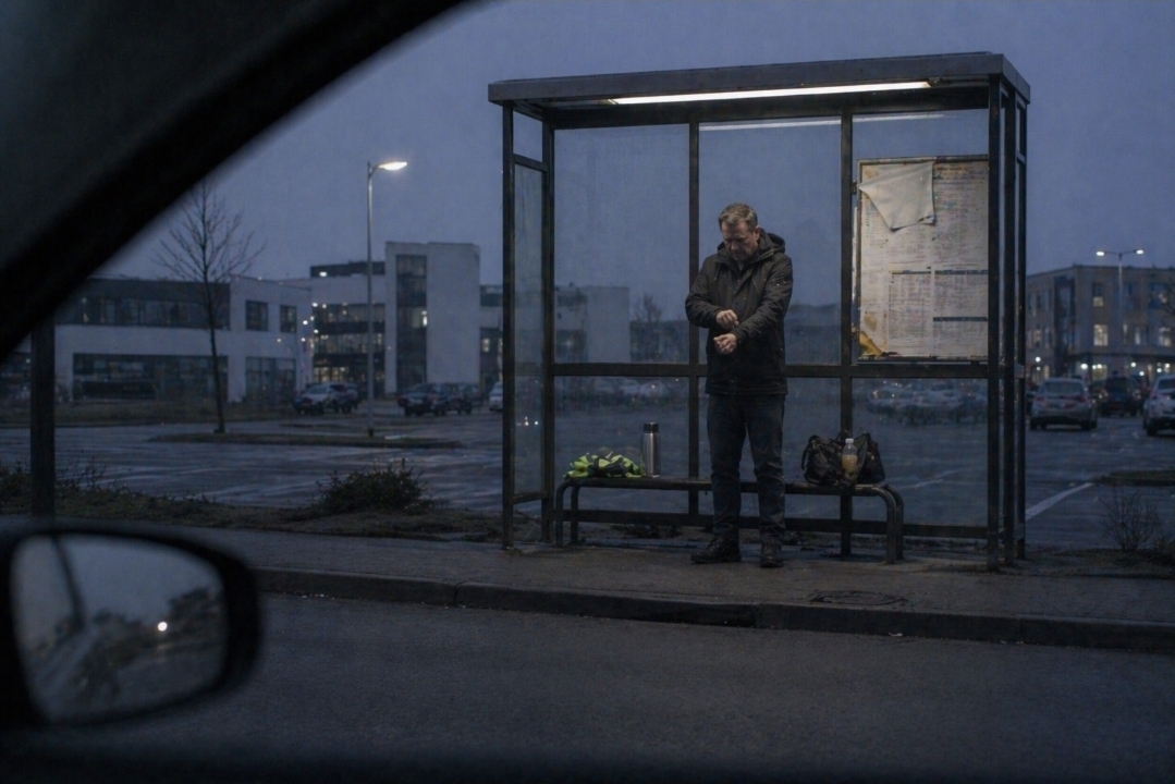 Man waiting at a bus stop in cold wet weather during a juice fast, adjusting his sleeve with a flask and pale drink bottle beside him