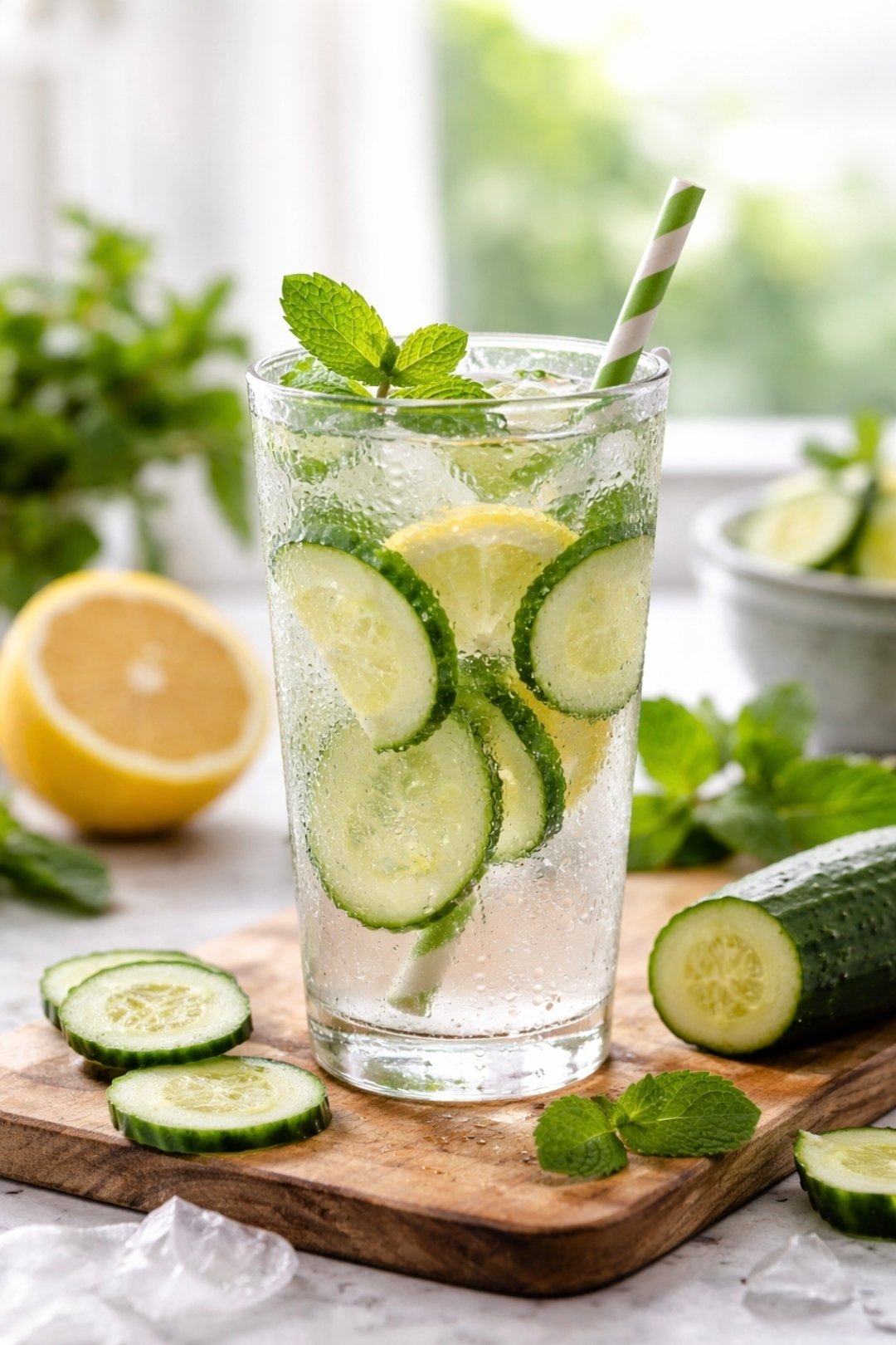 Mason jar of cucumber lemon detox water on a kitchen counter for daily hydration
